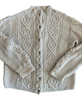 Vintage Womens Hand Knit Cream White 100% Wool Rustic Chunky Irish Cardigan Sz L